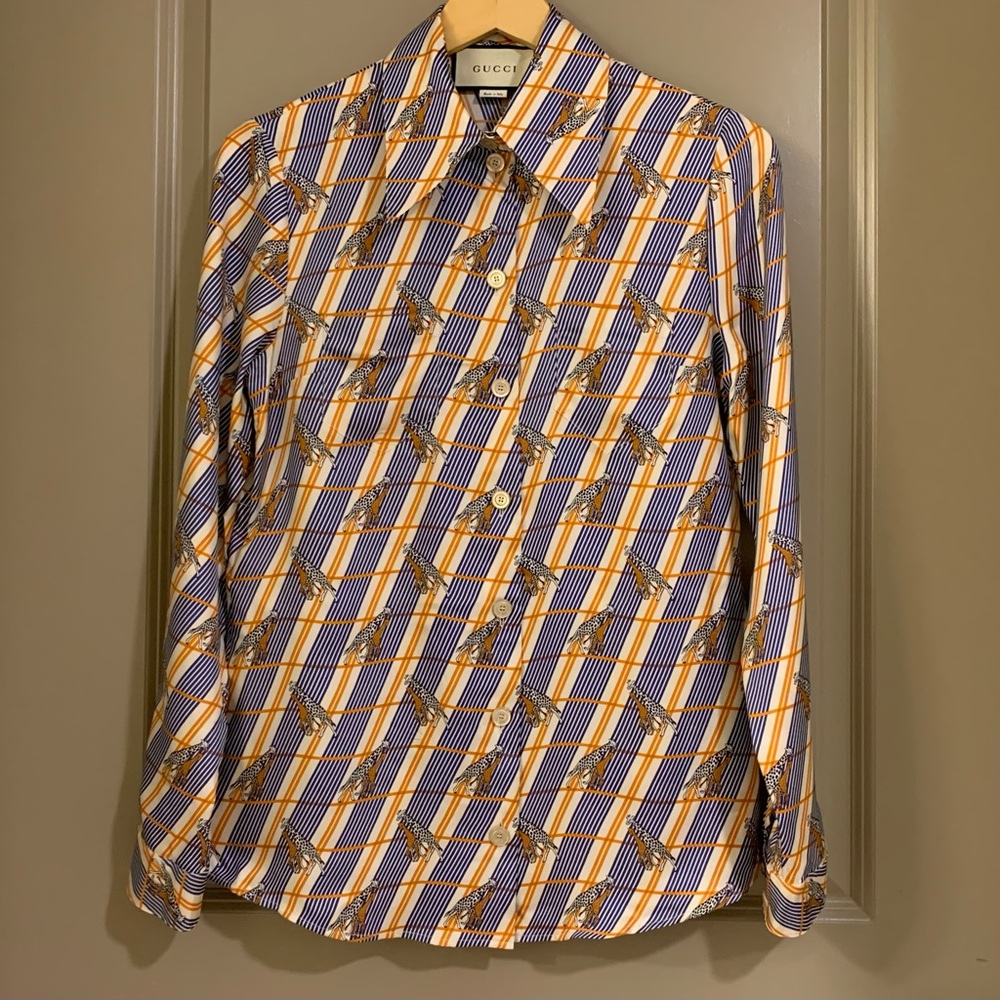 Gucci Silk Heritage Giraffe Twill Long Sleeve Button Up Blouse Italy Size 40 - Picture 5 of 16